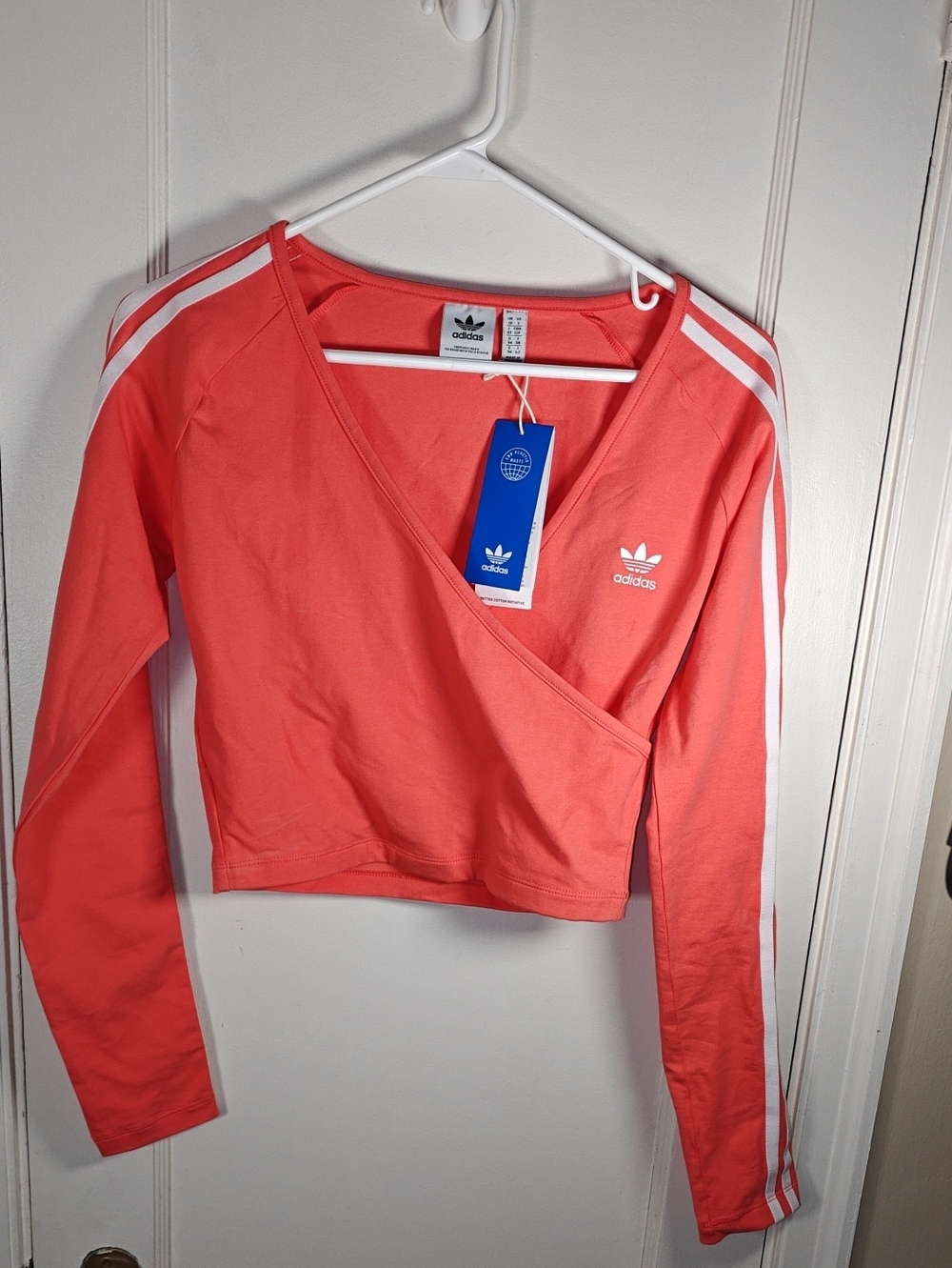 adidas Coral Pink Wrap Cropped Long-Sleeve Top with White Stripes